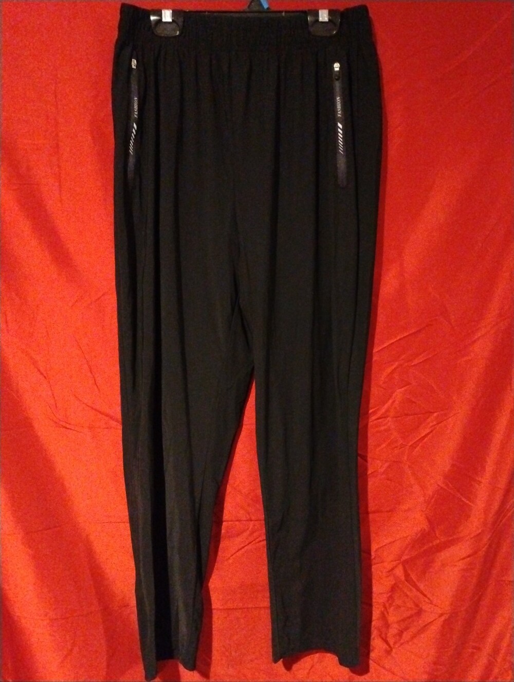Black Zipper Pocket Athletic Track Pants Elastic Waist Joggers - L